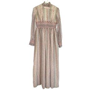 Real 70s Union Cottagecore Prairie Maxi Dress Womens Small Pastel Smocked Waist